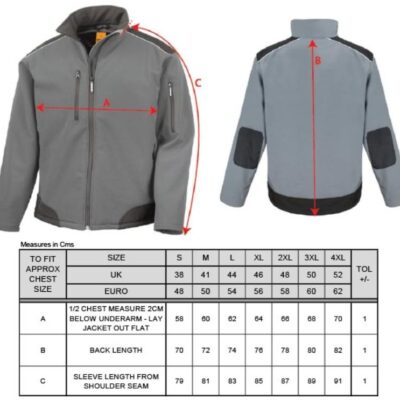 3-Lagen Softshell Ripstop Workwear Jacke Result Work-Guard | R 124X Grössentabelle 3-Lagen Softshell Ripstop Workwear Jacke Result Work-Guard | R 124X Grössentabelle