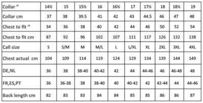 Piloten Hemd kurzarm Premier | PR 212 Grössentabelle