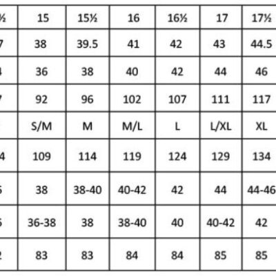 Piloten Hemd kurzarm Premier | PR 212 Grössentabelle