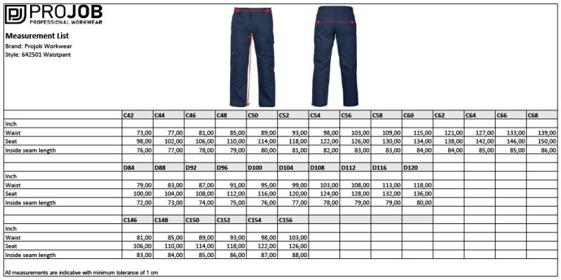 Herren Workwear Hose ProJob | 2501 Waistpants (62) Grössentabelle