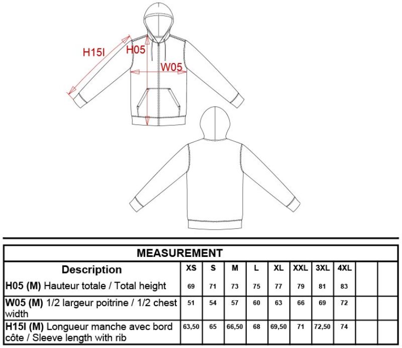Schwere Kapuzen Sweatjacke Kariban | K 444 Grössentabelle