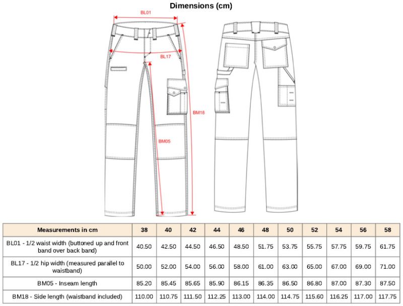 Workwear Multipocket Hose Kariban WK | WK 795 (38-54) Grössentabelle